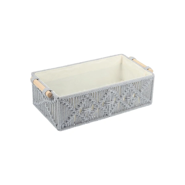 Luxe Home International Luxe Home Macrame Storage Basket Handmade Cotton Storage Organizer with Wooden Handles, Durable Woven Decorative Basket for Home & Office, Crose Silver-(34x19x13 cm)- Pack of 2 - 34x19x13 Cm, Crose Silver