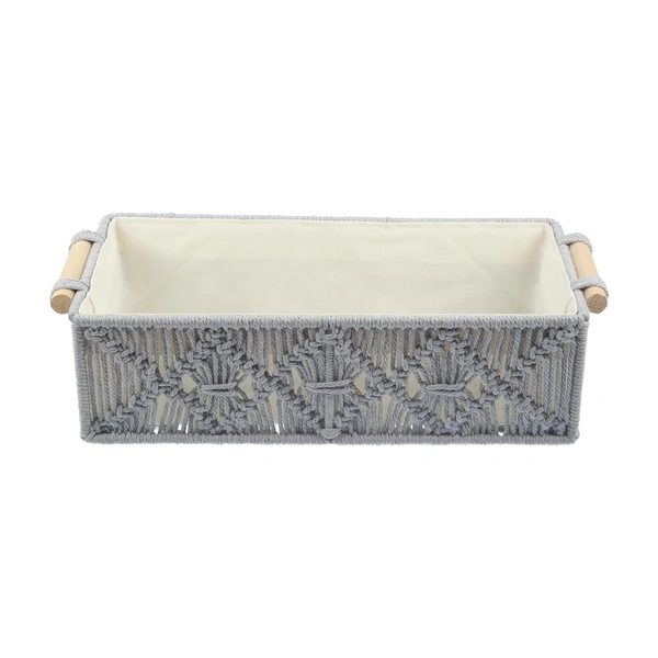 Luxe Home International Luxe Home Macrame Storage Basket Handmade Cotton Storage Organizer with Wooden Handles, Durable Woven Decorative Basket for Home & Office, Crose Silver-(34x19x13 cm)- Pack of 2 - 34x19x13 Cm, Crose Silver