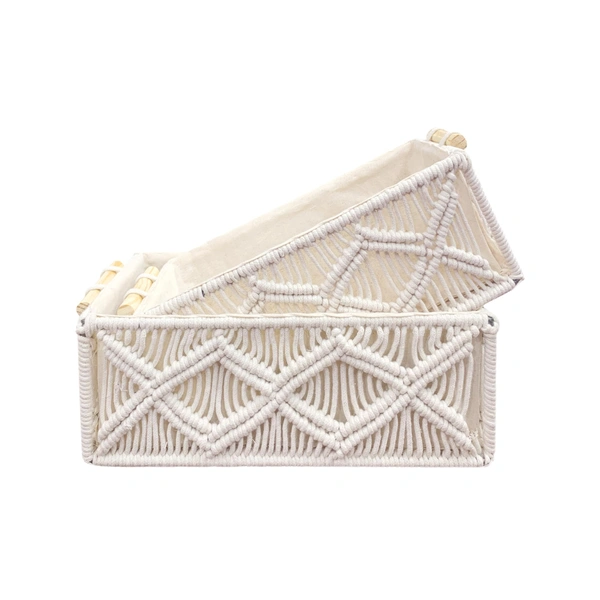 Luxe Home International Luxe Home Macrame Storage Basket Handmade Cotton Storage Organizer with Wooden Handles, Durable Woven Decorative Basket for Home & Office, Triangle White - (34x19x13 cm)- Pack of 2 - 34x19x13 Cm, Triangle White