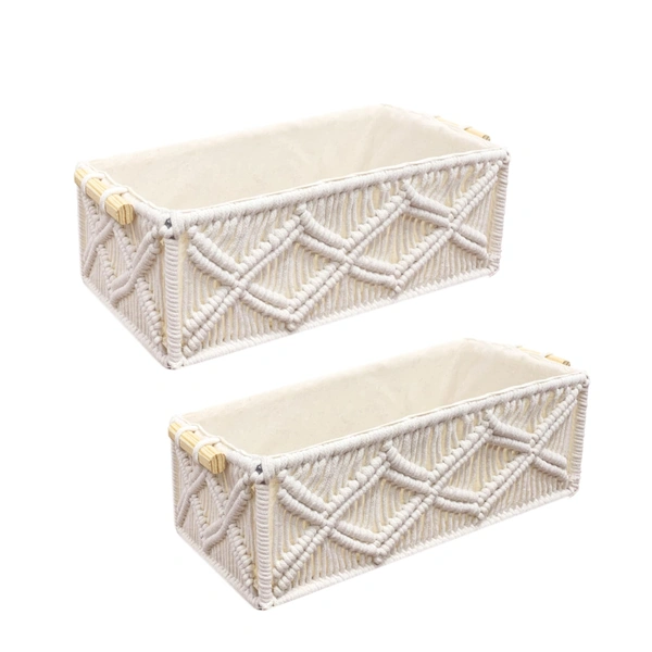 Luxe Home International Luxe Home Macrame Storage Basket Handmade Cotton Storage Organizer with Wooden Handles, Durable Woven Decorative Basket for Home & Office, Triangle White - (34x19x13 cm)- Pack of 2 - 34x19x13 Cm, Triangle White