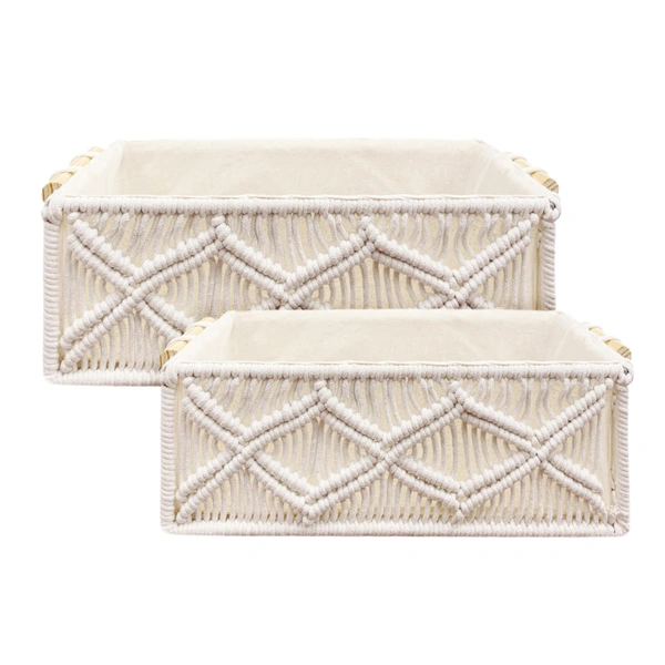 Luxe Home International Luxe Home Macrame Storage Basket Handmade Cotton Storage Organizer with Wooden Handles, Durable Woven Decorative Basket for Home & Office, Triangle White - (34x19x13 cm)- Pack of 2 - 34x19x13 Cm, Triangle White