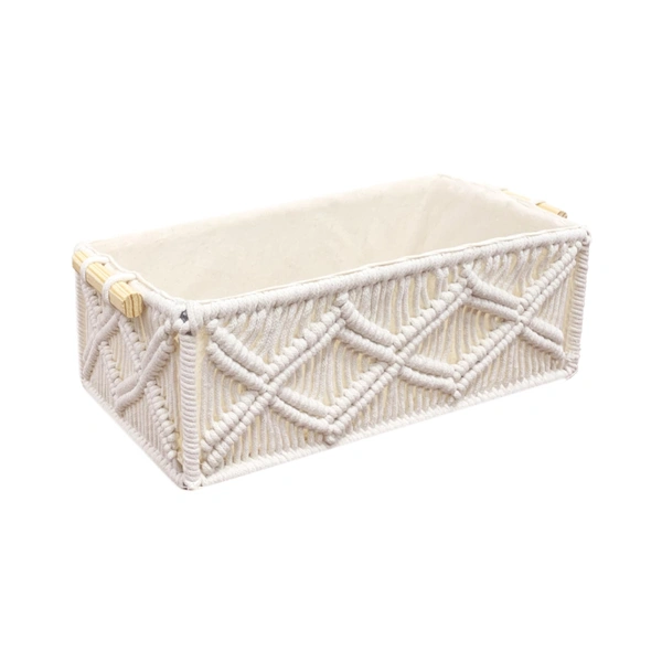 Luxe Home International Luxe Home Macrame Storage Basket Handmade Cotton Storage Organizer with Wooden Handles, Durable Woven Decorative Basket for Home & Office, Triangle White - (34x19x13 cm)- Pack of 2 - 34x19x13 Cm, Triangle White