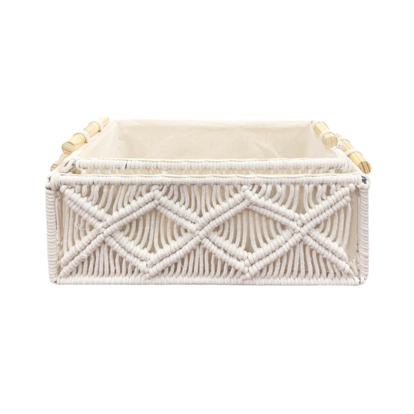 Luxe Home International Luxe Home Macrame Storage Basket Handmade Cotton Storage Organizer with Wooden Handles, Durable Woven Decorative Basket for Home & Office, Triangle White - (34x19x13 cm)- Pack of 2 - 34x19x13 Cm, Triangle White