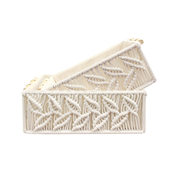 Luxe Home International Luxe Home Macrame Storage Basket Handmade Cotton Storage Organizer with Wooden Handles, Durable Woven Decorative Basket for Home & Office, Leaf White -(34x19x13 cm)- Pack of 2 - 34x19x13 Cm, Leaf White