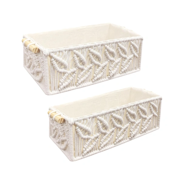 Luxe Home International Luxe Home Macrame Storage Basket Handmade Cotton Storage Organizer with Wooden Handles, Durable Woven Decorative Basket for Home & Office, Leaf White -(34x19x13 cm)- Pack of 2 - 34x19x13 Cm, Leaf White
