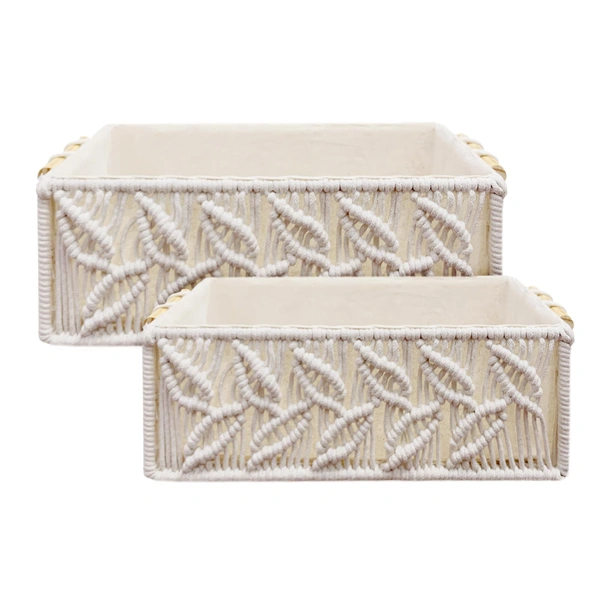 Luxe Home International Luxe Home Macrame Storage Basket Handmade Cotton Storage Organizer with Wooden Handles, Durable Woven Decorative Basket for Home & Office, Leaf White -(34x19x13 cm)- Pack of 2 - 34x19x13 Cm, Leaf White