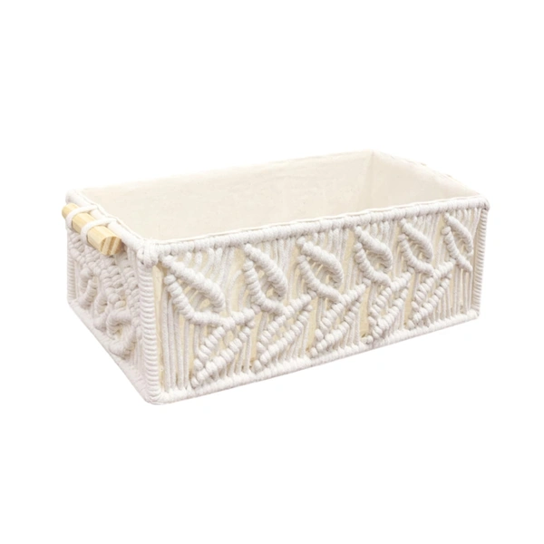 Luxe Home International Luxe Home Macrame Storage Basket Handmade Cotton Storage Organizer with Wooden Handles, Durable Woven Decorative Basket for Home & Office, Leaf White -(34x19x13 cm)- Pack of 2 - 34x19x13 Cm, Leaf White