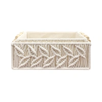 Luxe Home International Luxe Home Macrame Storage Basket Handmade Cotton Storage Organizer with Wooden Handles, Durable Woven Decorative Basket for Home & Office, Leaf White -(34x19x13 cm)- Pack of 2 - 34x19x13 Cm, Leaf White