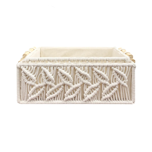 Luxe Home International Luxe Home Macrame Storage Basket Handmade Cotton Storage Organizer with Wooden Handles, Durable Woven Decorative Basket for Home & Office, Leaf White -(34x19x13 cm)- Pack of 2 - 34x19x13 Cm, Leaf White