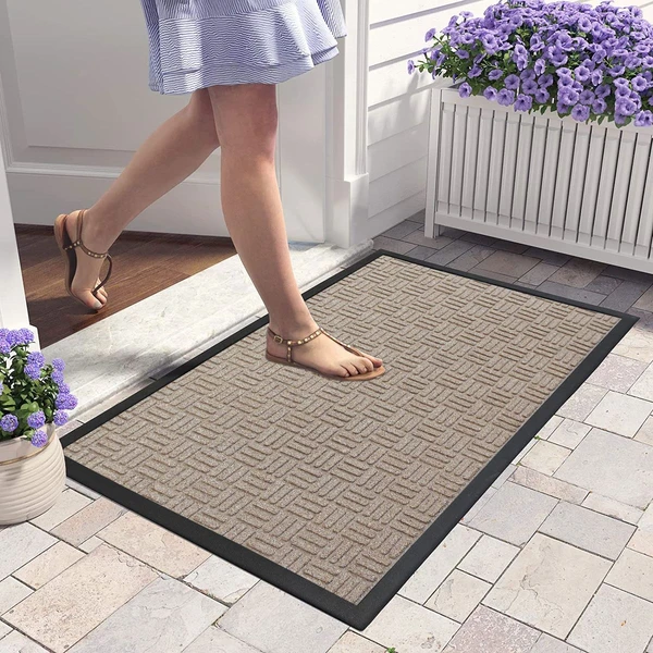 LUXE HOME INTERNATIONAL Luxe Home PVC Rubber Outdoor Door Mat Stripe Box Design Long Main Entrance Doormate Anti Slip Waterproof Welcome Mats for Floor, Bathroom, Kitchen, Office, Gym (Beige, 60x90 cm, Pack of 1 ) - Beige