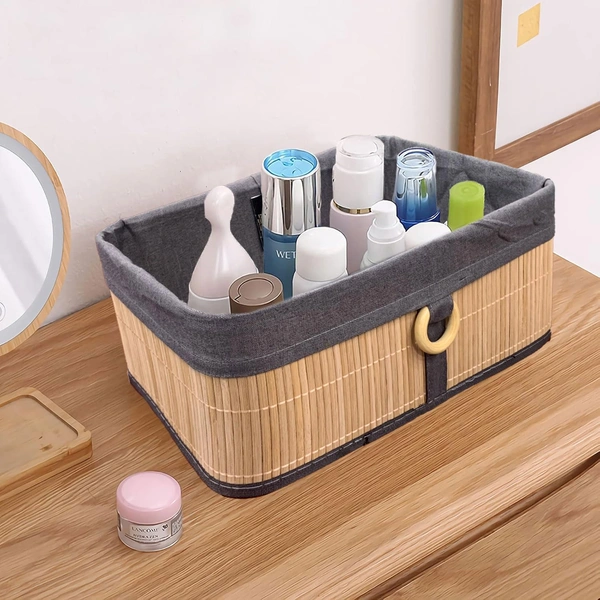 Luxe Home International Luxe Home Stripe Storage Box Bamboo (30x20x12 cm) Eco-Friendly, Foldable Basket for Home (Beige, Pack of 1) - 30x20x12 cm, Beige