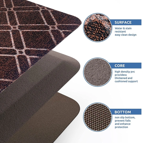 LUXE HOME INTERNATIONAL Phuket PVC Loop Utility Anti-Fatigue Kitchen Mat Non-Slip Cushioned Comfort Mat - Plaid Pattern Standing Desk Mat - Waterproof and Easy to Clean for Home and Office - 40x60 cm, Brown