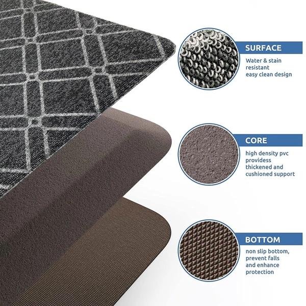 LUXE HOME INTERNATIONAL Phuket PVC Loop Utility Anti-Fatigue Kitchen Mat Non-Slip Cushioned Comfort Mat - Plaid Pattern Standing Desk Mat - Waterproof and Easy to Clean for Home and Office - 40x60 cm, Grey