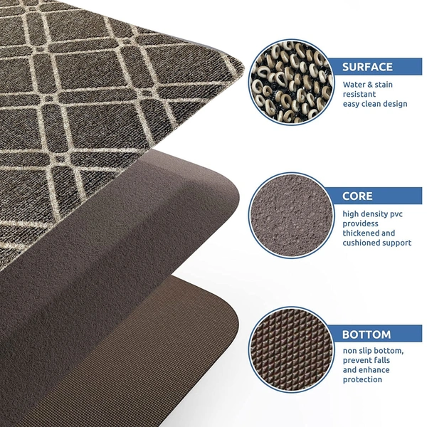 LUXE HOME INTERNATIONAL Phuket PVC Loop Utility Anti-Fatigue Kitchen Mat Non-Slip Cushioned Comfort Mat - Plaid Pattern Standing Desk Mat - Waterproof and Easy to Clean for Home and Office - 40x60 cm, Khaki