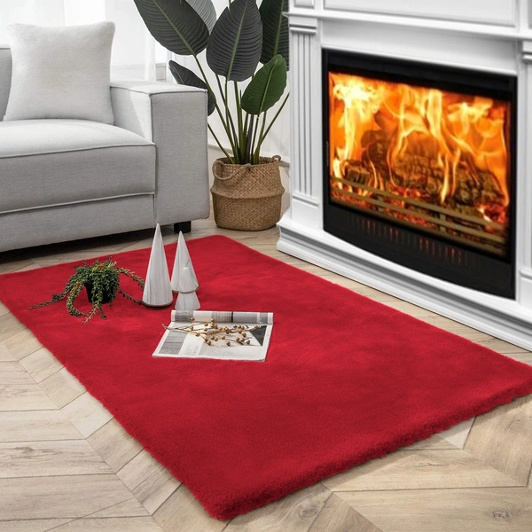 LUXE HOME INTERNATIONAL Rabbit Fur Super Soft Non Slip Floor Carpets for Bedroom, Livingroom - 3x5 Ft, Maroon