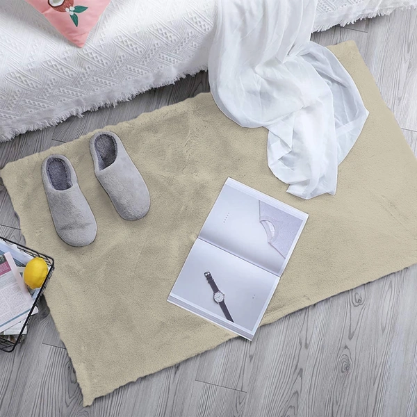 LUXE HOME INTERNATIONAL Ruffle Bath Mat Rabbit Fur 1000 Gsm Bathroom Door Rectangular Foot Mats Anti Skid Water Absorbent Easy Machine Washable Rug For Entrance|Kitchen Floor|45X75 Cm|Beige|Pack Of 1 - 45x75 cm, Beige