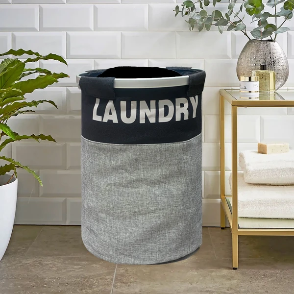 Laundry Basket for Clothes Foldable, Waterproof Premium Aluminum Laundry Hamper Perfect for Bathroom, Bedroom, Kitchen (Round) Black