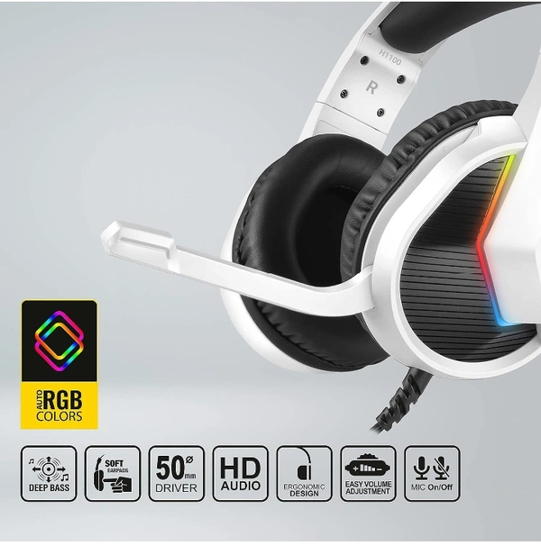Ant Esports H1100 Pro RGB Wired Over Ear Gaming Headphones for PC/ PS4 / PS5 / Xbox One / Switch1 with mic Frost White