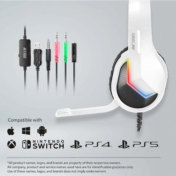 Ant Esports H1100 Pro RGB Wired Over Ear Gaming Headphones for PC/ PS4 / PS5 / Xbox One / Switch1 with mic Frost White