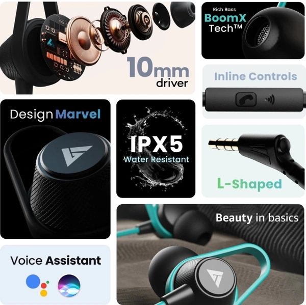 Boult Audio Loop2 with 10mm Drivers, BoomX Rich Bass, In-line Controls, Soft Silicon Snugfit Wired Headset