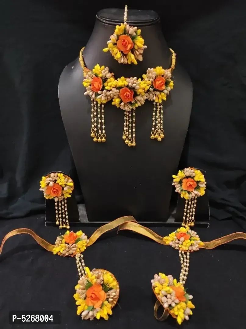 RUPALI , MIRROR WORK FLORAL JEWELLERY SET FOR HALDI/MEHANDI -SARAFJSW0 –  www.soosi.co.in