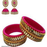 THREAD TRENDS Silk thread Pink Color kada Bangles And Earrings Jhumkas - Blush Pink, Free Delivery, 2/6