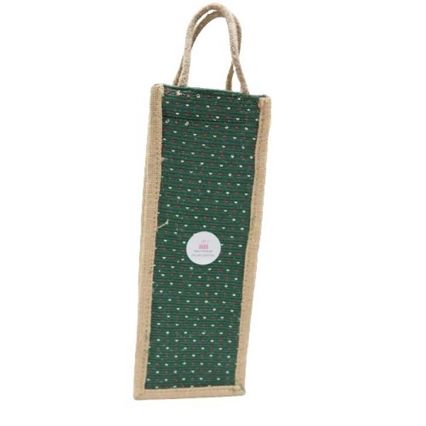 PS Jute Wine Bottle Gift Bag/Bottle Carry Bag/Water Bottle Cover-and Handle for Men & Women (Pack of 1)  - 14 inch, Green