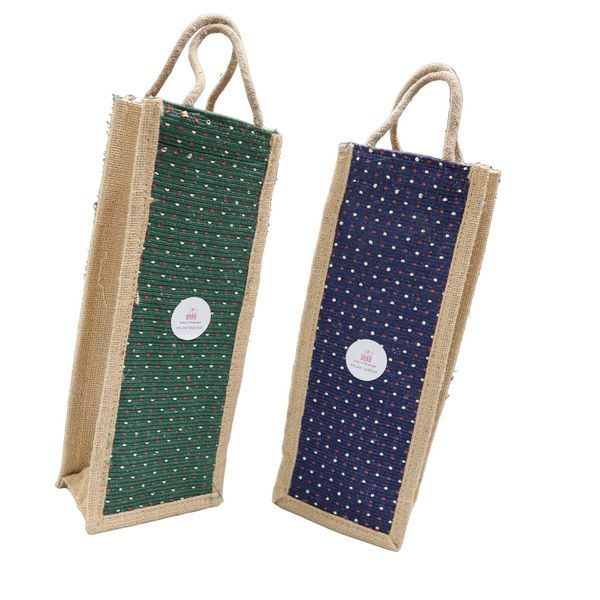 PS Jute Wine Bottle Gift Bag/Bottle Carry Bag/Water Bottle Cover-and Handle for Men & Women (Pack of 2 ) - Green and Blue