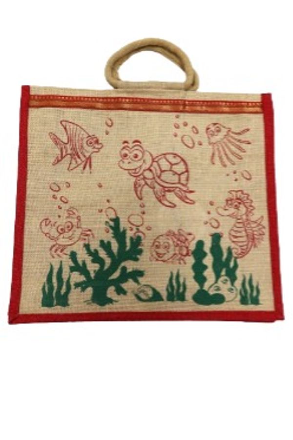Jute Bag for Shopping - Printed Jute Bag | Shoulder Bag | Shoppers Tote | Jute Bag Big Size | Grocery Bag | Eco Friendly Bags for Shopping - Cute & Quirky Collection (Tortoise, Fish - Red) - Regular, Multicolor