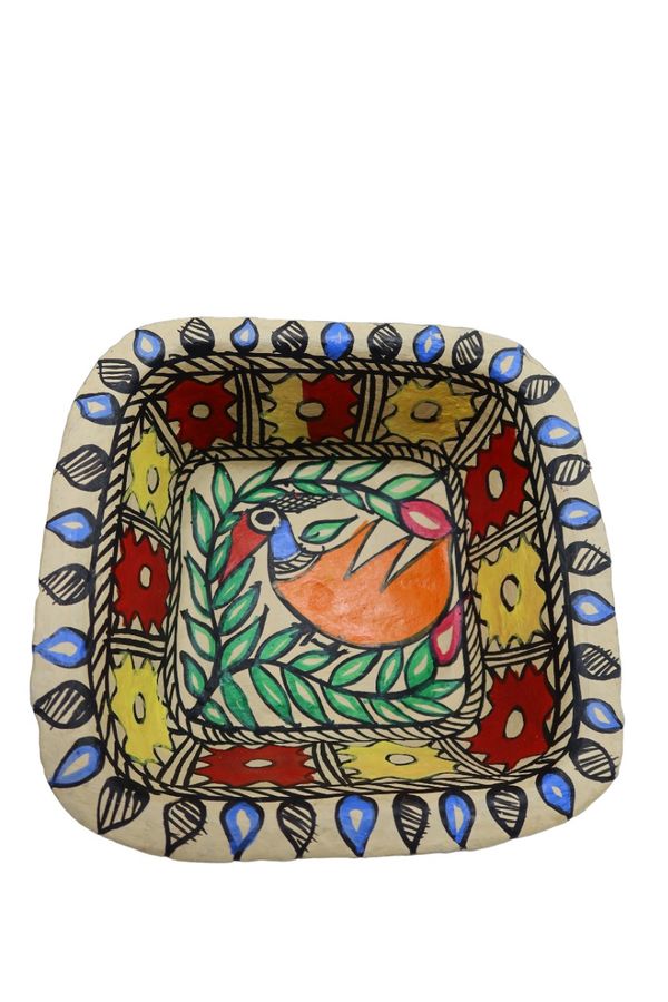 Madhu Bani Painted Paper Mache Bowl - H-8 L-21 B-21, Multicolour