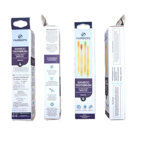 FAIRBIZPS Bamboo Toothbrush Set - Pack of 4, Soft Bristles, BPA-Free, Antibacterial, Biodegradable Handle - Eco-Friendly Oral Care Kit for Kids and Adult - Standard