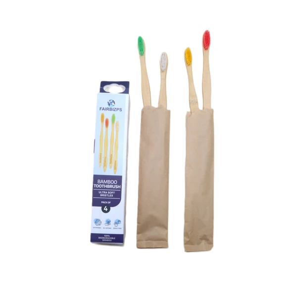 FAIRBIZPS Bamboo Toothbrush Set - Pack of 4, Soft Bristles, BPA-Free, Antibacterial, Biodegradable Handle - Eco-Friendly Oral Care Kit for Kids and Adult - Standard