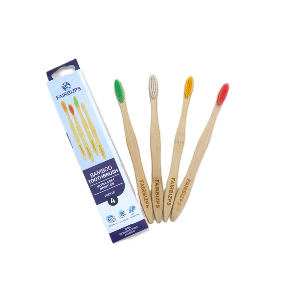 FAIRBIZPS Bamboo Toothbrush Set - Pack of 4, Soft Bristles, BPA-Free, Antibacterial, Biodegradable Handle - Eco-Friendly Oral Care Kit for Kids and Adult - Standard