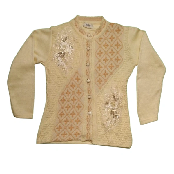 Cardigan with Embroidered Feather Design - free, Double Colonial White