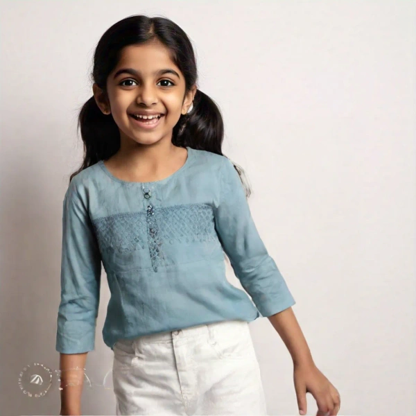 Cotton Jhalaar Kids Girl Top - 7 to 8 year, M, Aqua Island