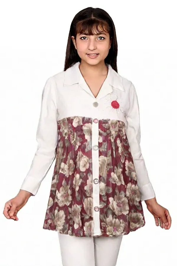 Half print Girl Top - 10 to 12 year, L, Dark Tan
