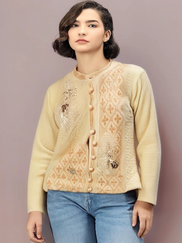 Cardigan with Embroidered Feather Design - free, Double Colonial White