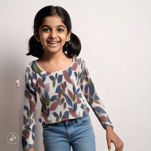 Leaf print kids girl top - 7 to 8 year, M, Indigo