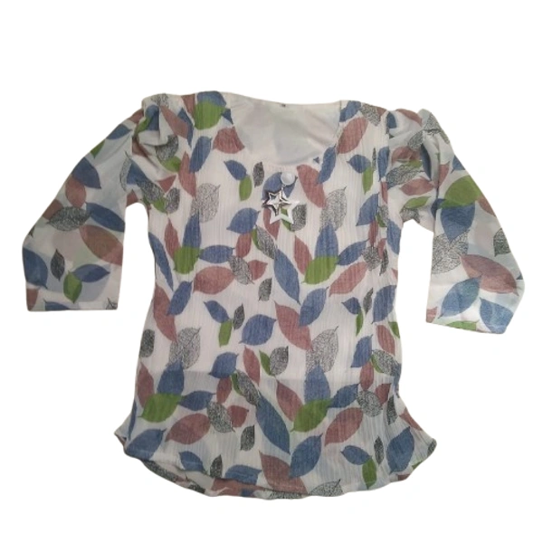 Leaf print kids girl top - 7 to 8 year, M, Indigo