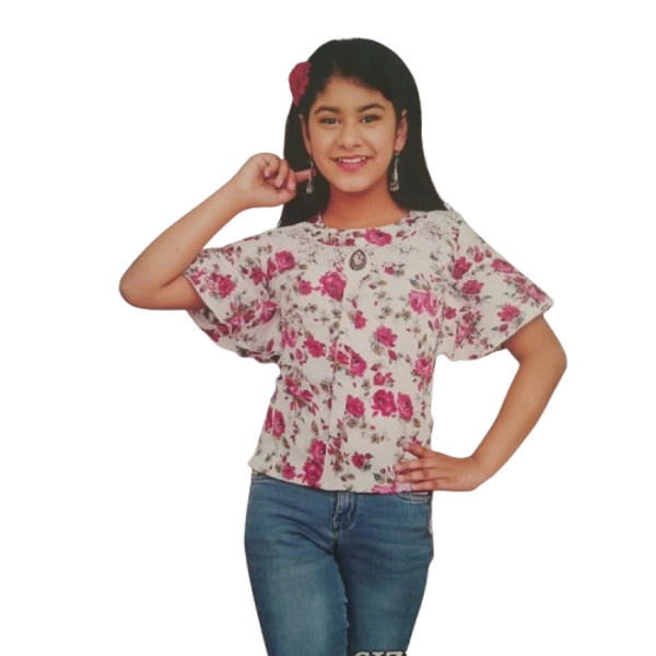 rose print kids girl top - 7 to 8 year, M, Red Violet