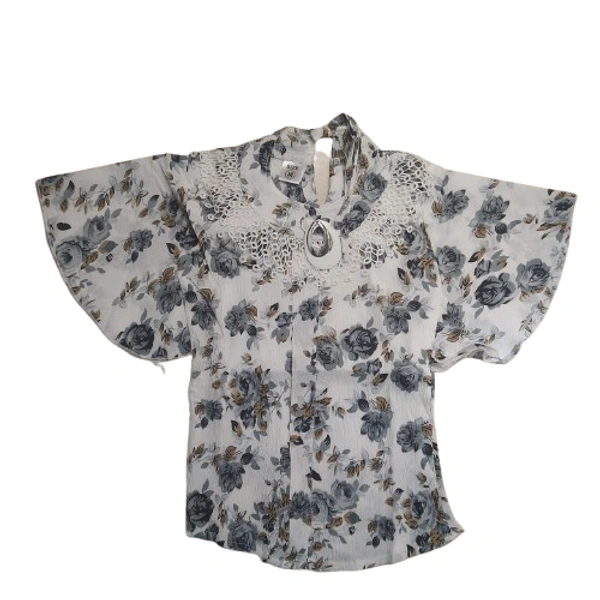 rose print kids girl top - 7 to 8 year, M, Silver Rust