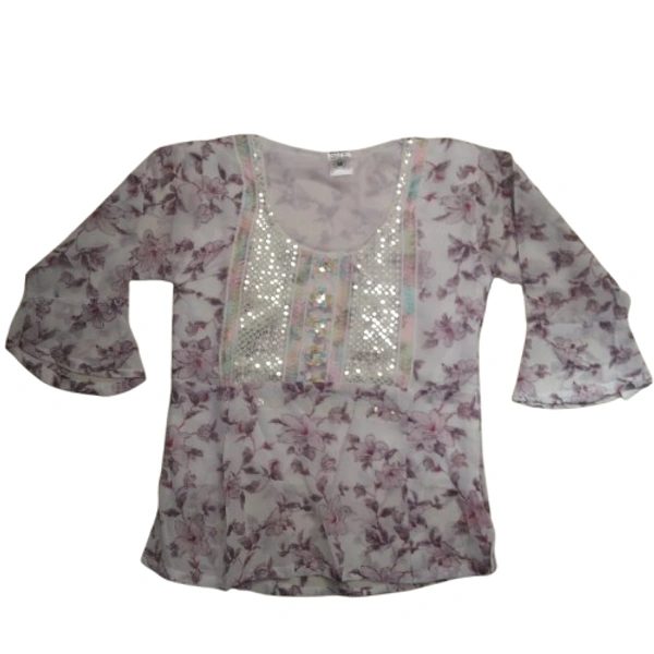 Square Embroidery kids girl top - 7 to 8 year, M, Light Wisteria