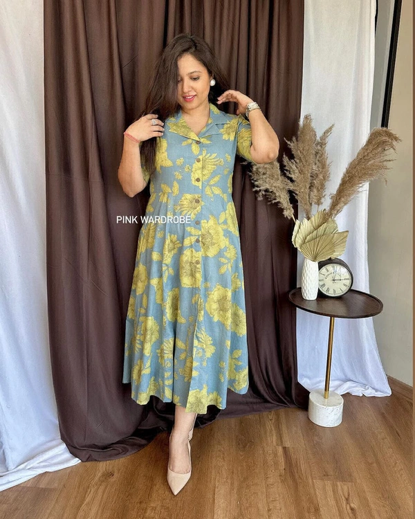 KDJ 4333 Premium Cotton Printed Fir Flair Kurti - Gold, L-40