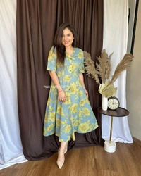 KDJ 4333 Premium Cotton Printed Fir Flair Kurti - Gold, L-40