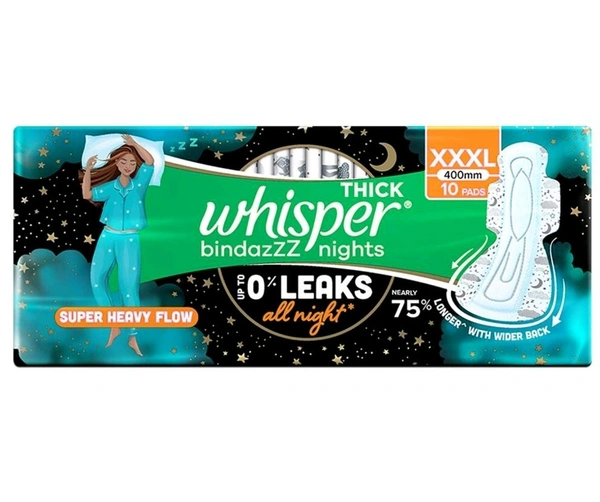 Whisper Thick Bindazz Nights Sanitary Napkin With Wings XXXL (10 Pads)