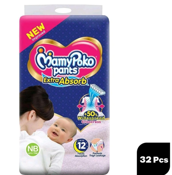 MamyPoko Extra Absorb Pant Style Diapers Newborn 32 Pcs (Upto 5 Kg)