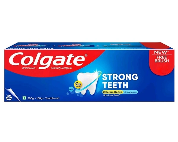 Colgate Strong Teeth Dental Cream Toothpaste Pack 300g (200g+100g+Toothbrush)