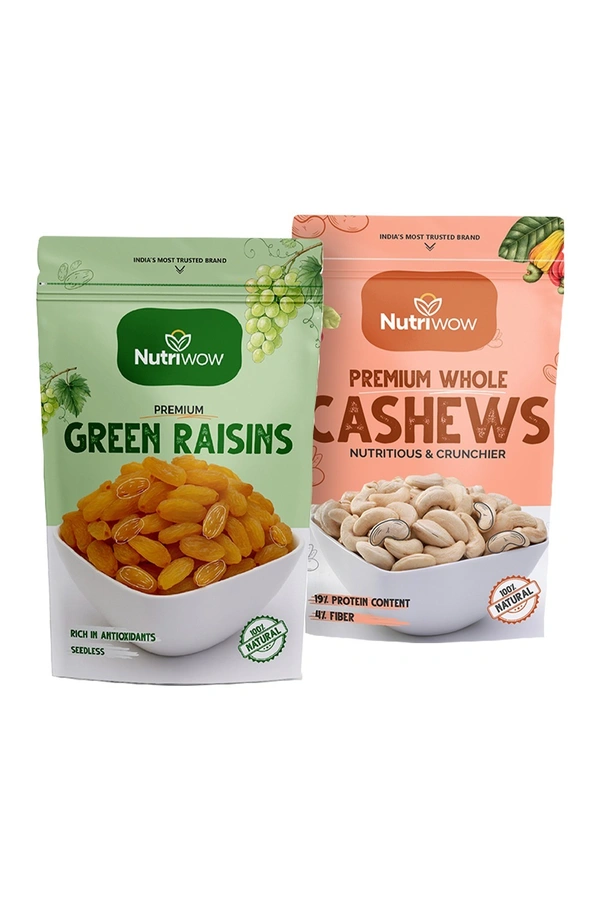 Nutriwow Premium Green Raisins 500g & Whole Cashews 200g | Kishmish and Kaju  |  