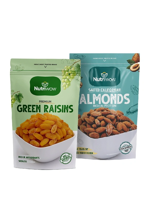 Nutriwow Premium Green Raisins 500g & Roasted & Salted Almonds 200g | Kishmish and Badam | - 700g