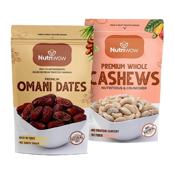 Nutriwow Premium Omani Dates 400g & Whole Cashews 200g | Khajur and Kaju |